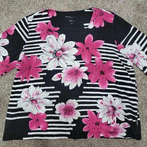 Vintage Alfred Dunner Womens XL Pink Black Beaded Floral 3/4 Sleeve Shirt